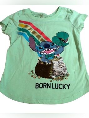 🎇🎆3for$9 girls Stitch St Patrick’s Day t-shirt. Green & gold sequins. XS/4/5.